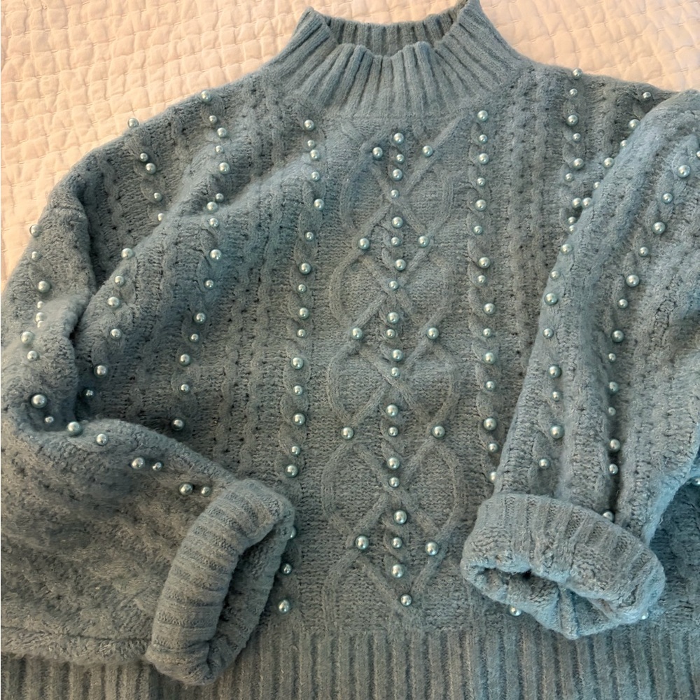 Fate Pearl-Embellished Cable Knit Mock Neck Sweater - Light Blue